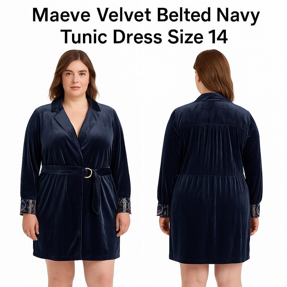 Maeve Velvet D-Ring Belted Navy Tunic Dress Size 14